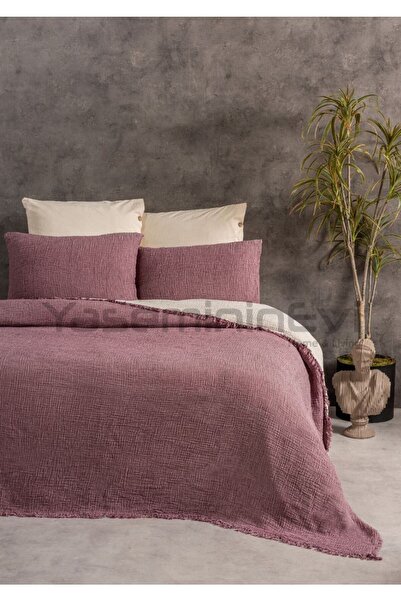 YASEMİNİNEVİ Plum Four Layers Muslin Bedspread / Two Pillowcases