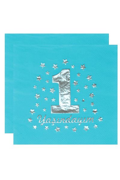 TATLI GÜNLER BLUE Gilded SILVER Gilded I'M 1 YEAR OLD PRINTED Presentation Napkin 16 Pieces Birthday Party Concept