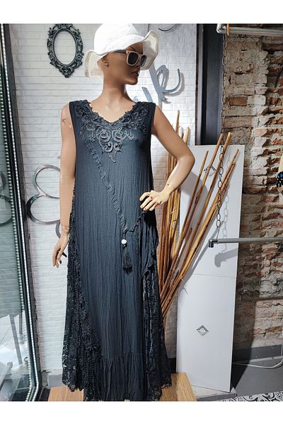 Sosyete Kaplumbağa Authentic Voile Cotton Strap Long Black Dress