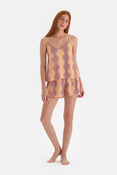 Dagi Gelbe Pyjamahose aus glitzerndem Satin mit Shorts