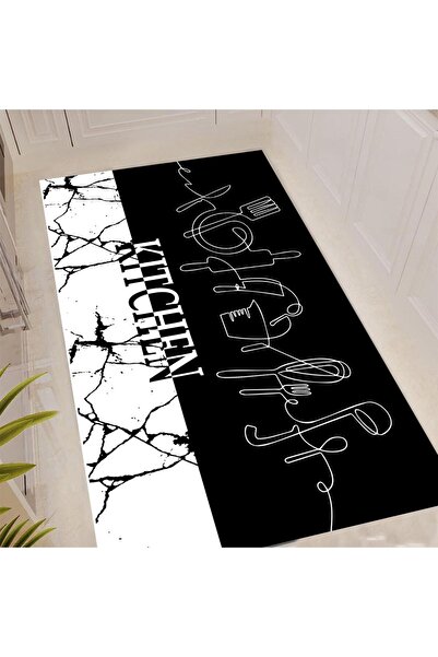 eco concept Dekoratif Mutfak Halısı, Mermer Desen Mutfak Halısı , Siyah Beyaz...