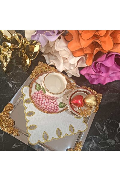 LASETU حواف القهوة المطرزة باللون الفضي من ماركرانا، منديل العرض و منديل الكوكتيل 4 قطع