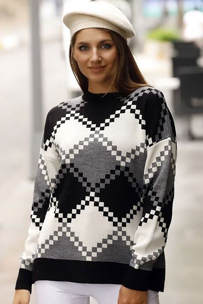 ALCHON Pulover de iarnă cu mâneci lungi, cu gât rotund, cu mânecă lungă, cu model de diamante, bloc de culoare