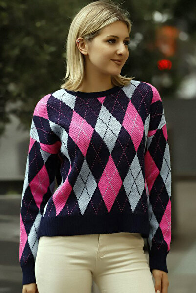 ALCHON جولة طاقم الرقبة طويلة الأكمام البقلاوة الجاكار نمط كتلة اللون تريكو س...