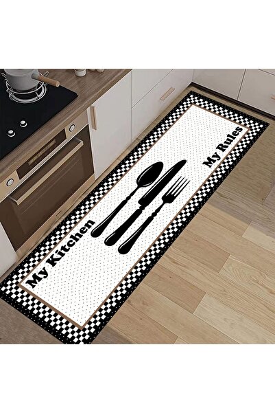 eco concept Motifli Damalı Leke Tutmaz Mutfak Halısı, Kitchen Yazılı Mutfak Halısı, Kaymaz Yıkanabilir Halı