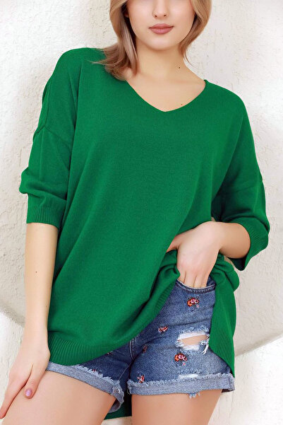 ALCHON V λαιμόκοψη Μισό τέταρτο μανίκι πίσω μακριά μπροστά κοντό σκίσιμο χαλαρή εφαρμογή Εποχιακό βασικό φαρδύ πλεκτό πουλόβερ