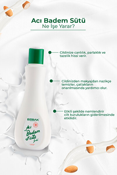 Bebak Acı Badem Makyaj Temizleme ve Nemlendirici Bakım Sütü 215 ml Şişe 3 Adet