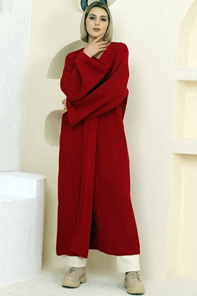 ALCHON V-nyakú, hajtogatott, széles, hosszú ujjú, saját textúrájú, vastag, teljes bokáig érő kötöttáru kardigán téli kényelmes