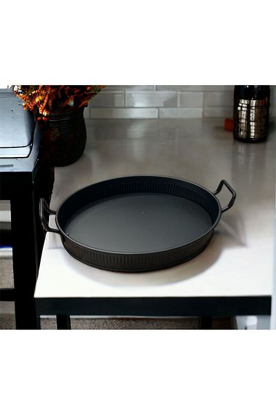 LUCKYHOMES Oval Stick Print Spiral Handle Decorative Tray Black 20X27
