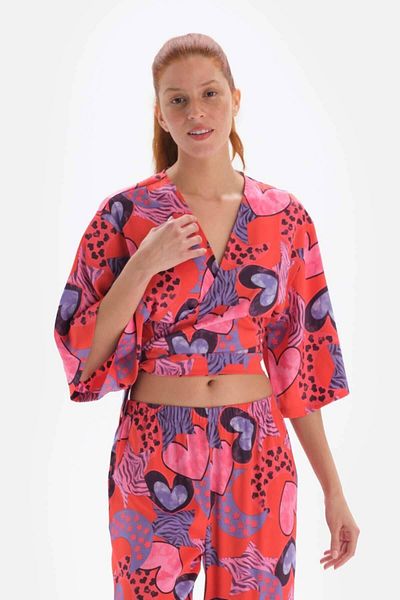 Dagi Zweireihiges Satin-Pyjama-Oberteil mit Granatapfelblüten-Motiv zum Binden am Hals