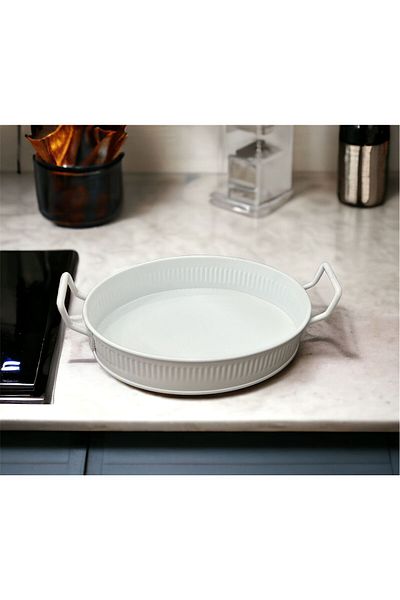 LUCKYHOMES Oval Stick Print Spiral Handle Decorative Tray White 15X21