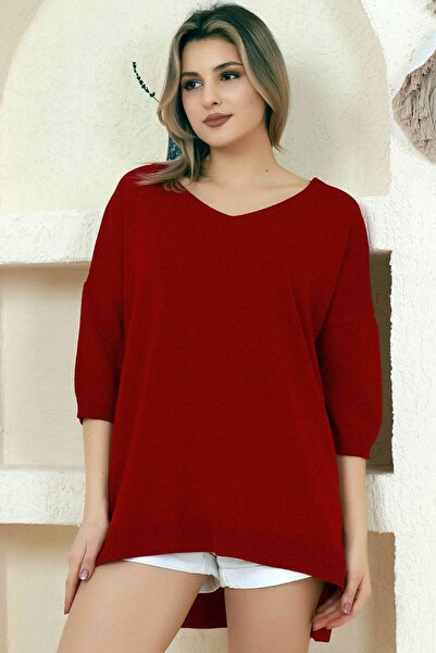 ALCHON V-Neck Half-Quarter Sleeve Back Long Front Short Slit Loose Cut Seasonal Basic Loose Knitwear Sweater