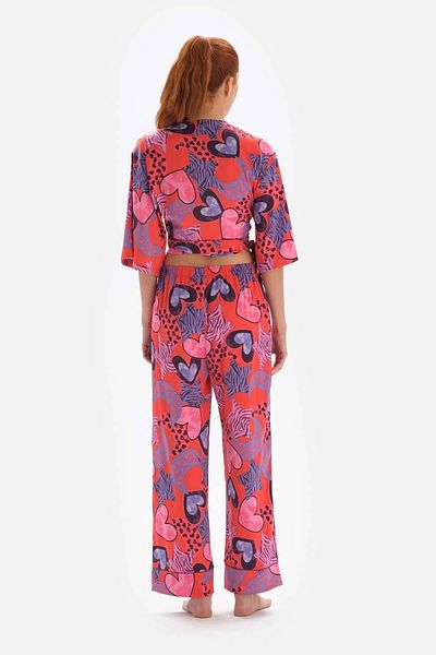 Dagi Zweireihiges Satin-Pyjama-Oberteil mit Granatapfelblüten-Motiv zum Binden am Hals