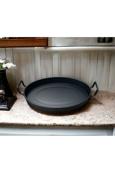 LUCKYHOMES Oval Stick Print Spiral Handle Decorative Tray Black 22X31