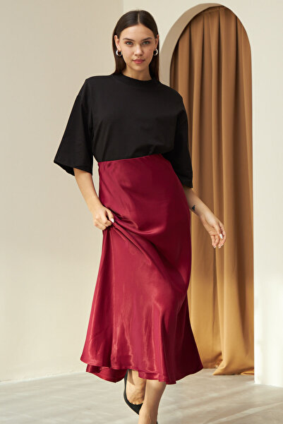 Laluvia Burgundy Flared High Waist Long Satin Skirt