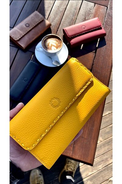 CüzCan Women's Genuine Leather Wallet with Yellowline Braid Detail