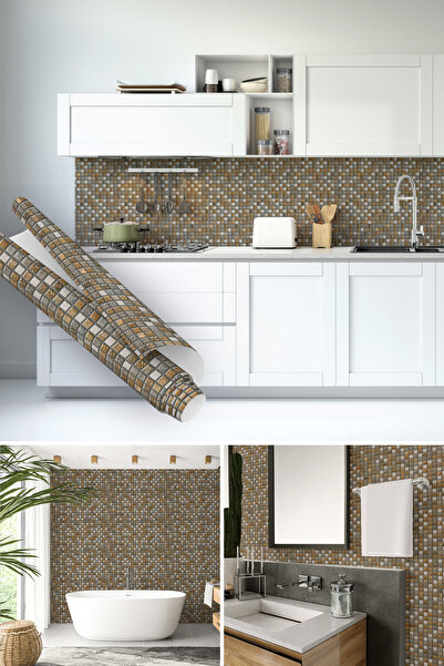 Dekoros Kahverengi Mozaik Desenli Yapışkanlı Folyo Fayans Görünümlü Masa Teza Aharası Kaplama 45x500cm 0324