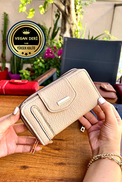 CüzCan Lavinia Krem Vegan Deri Kadın Cüzdan Fermuarlı Ve Mıknatıslı (16X9 CM)