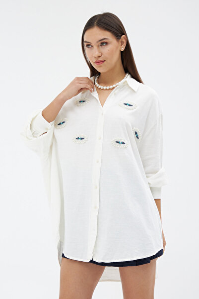 Laluvia Ecru Evil Eye Beaded Shirt