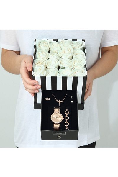 Forentina Angel Necklace Earring Bracelet Ring Watch Set in White Artificial Rose Box - Ps155200Tr