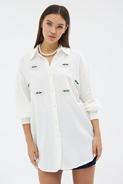 Laluvia Ecru Evil Eye Beaded Shirt
