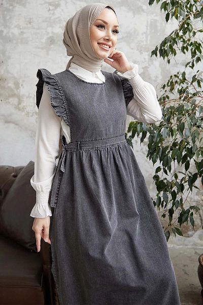 InStyle Jeans-Giletkleid mit Rüschenschultern – Grau