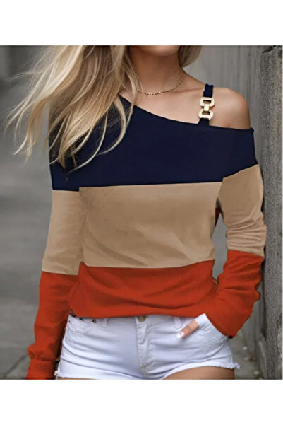 StilVibe Μακρυμάνικη μπλούζα βισκόζης με έναν ώμο - με πεσμένο λουράκι και λεπτομέρεια αξεσουάρ