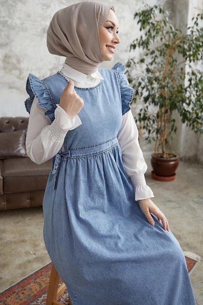 InStyle Džínsové šaty Frida Frill na ramene - svetlomodré