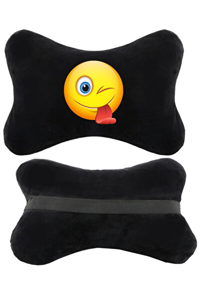 1araba1ev مجموعة من وسادتين للرقبة للسيارة باللون الأسود مع طباعة إيموجي متوا...