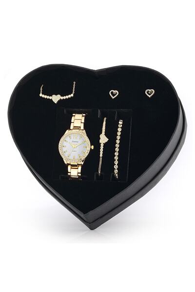 Forentina Altın Kaplama Zirkon Kalpli Kolye Küpe Bileklik Saat Hediye Set - P...