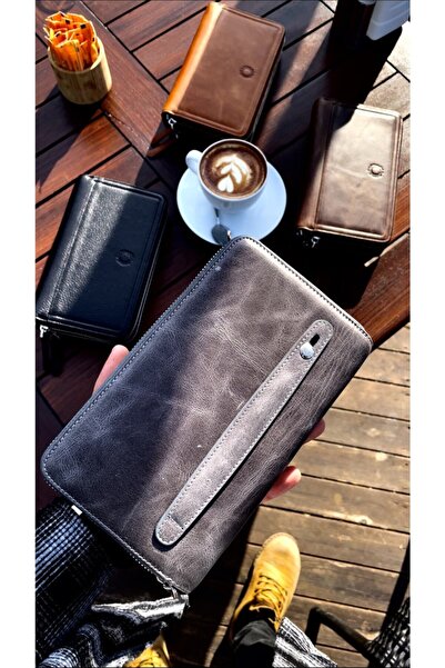 CüzCan Soft Gri Hakiki Deri Unisex Telefon Cüzdanı El Çantası