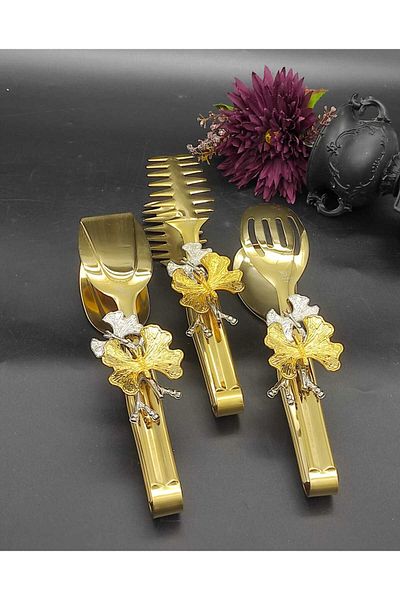BRONDOFF Butterfly Gold 3 Piece Tongs Set