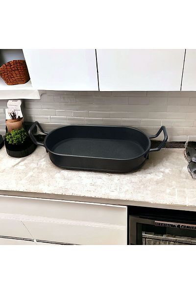 LUCKYHOMES Oval Spiral Handle Decorative Presentation Tray Black 15X29