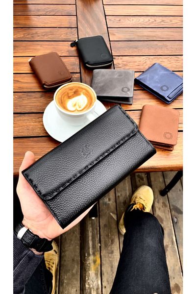 CüzCan Women's Genuine Leather Wallet with Blackline Knitting Detail