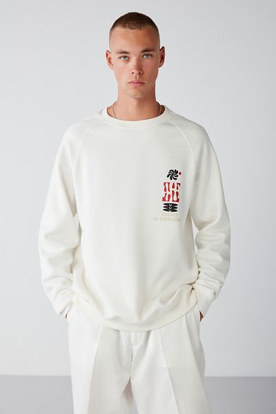 GRIMELANGE Expressed Men's Raglan Sleeve Embroidery and Printed Soft Fabric Round Collar Ecru Sweatshirt