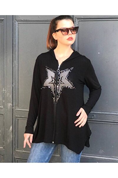 EMZAGİYİM SİYAH ÖNÜ YILDIZLI VE PUL DETAYLI TRİKO HIRKA