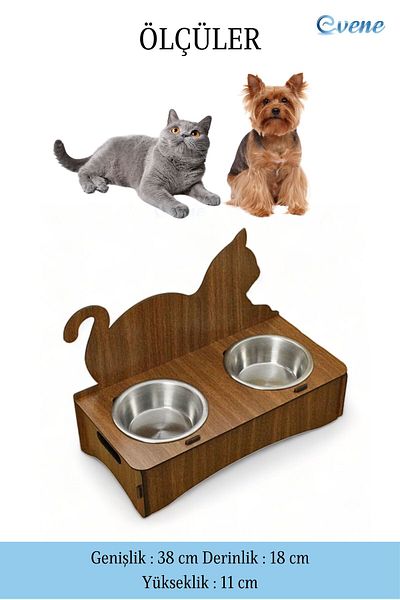 Evene Cat Food Bowl Cat Water Bowl Cat Food and Water Bowl Cat Food Bowl 2 Steel Bowl Model 4 Walnut