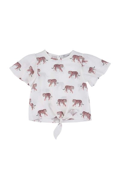best kids Girl's Ecru-Powder Printed Waist Tie Blouse
