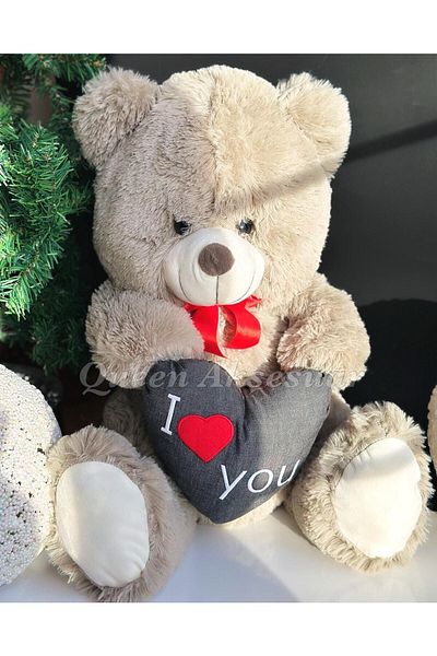 QUEEN AKSESUAR 70cm Gray Plush Cute Toy for Valentine's Day - Heart Patterned with "I Love You" Written