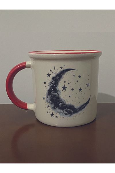 lili hediyelik Black Moon Printed Red Mouth Mug - Ceramic Tea, Coffee Gift Cup
