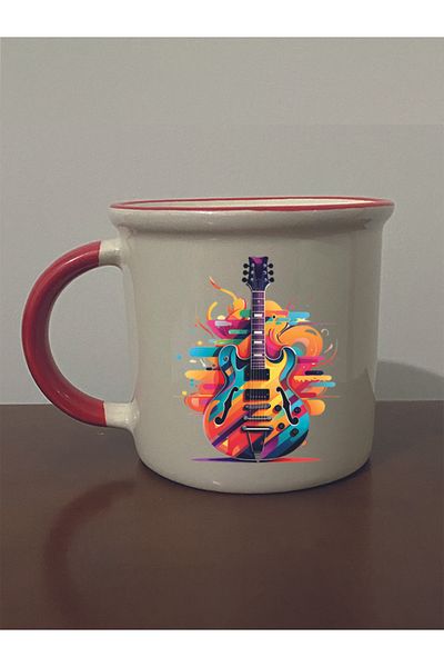 lili hediyelik Guitar Printed Red Mouth Mug - Ceramic Tea, Coffee Gift Cup