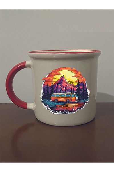 lili hediyelik Caravan Holiday Printed Red Mouth Mug Cup - Ceramic Tea, Coffee Gift Cup