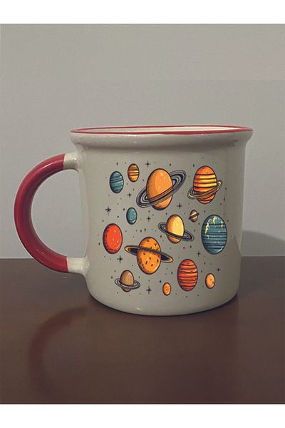 lili hediyelik Red Mouth Mug with Planets - Ceramic Tea, Coffee Gift Cup