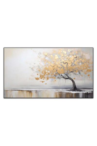 tablodekor ALTIN YAPRAKLI GÖVDESİ EĞİLMİŞ AĞAÇ YAĞLI BOYA DOKULU TABLO