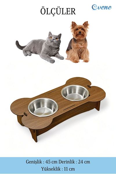 Evene Cat Food Bowl Cat Water Bowl Cat Food and Water Bowl Cat Food Bowl 2 Steel Bowl Model 3 Walnut