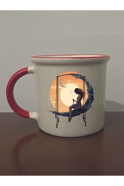 lili hediyelik Girl Swinging on the Moon Printed Red Mouth Mug Cup - Ceramic Tea, Coffee Gift Cup