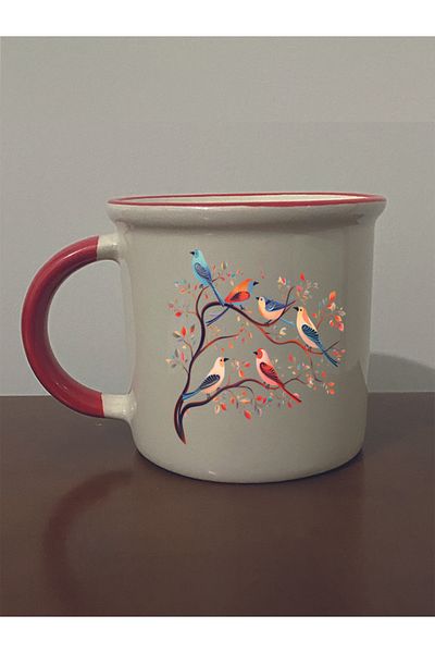 lili hediyelik Bird on Branch Printed Red Mouth Mug - Ceramic Tea, Coffee Gift Cup