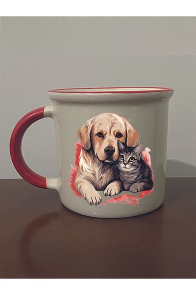 lili hediyelik Cat Dog Printed Red Mouth Mug Cup - Ceramic Tea, Coffee Gift Cup