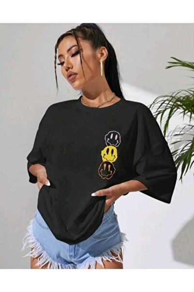 BETİLİNA Siyah Üçlü yüz Baskılı Oversize T-shirt