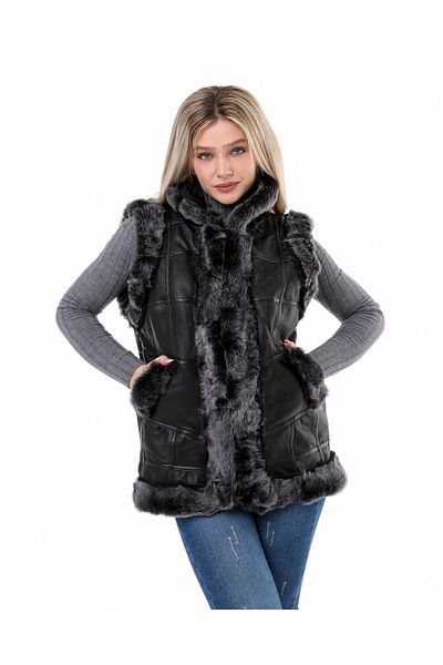tahiroğlu deri 1987 Unisex Γούνινο Δερμάτινο Μαύρο Γιλέκο Brisa Feather